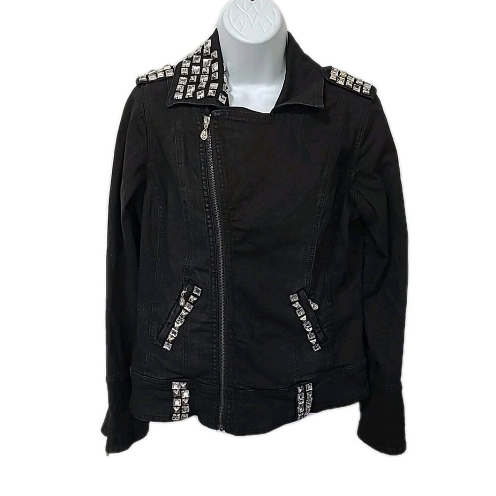 DG2 Moto Jacket M Black Denim Rhinestone Trim Zipper Pockets Epaulet‎ Style